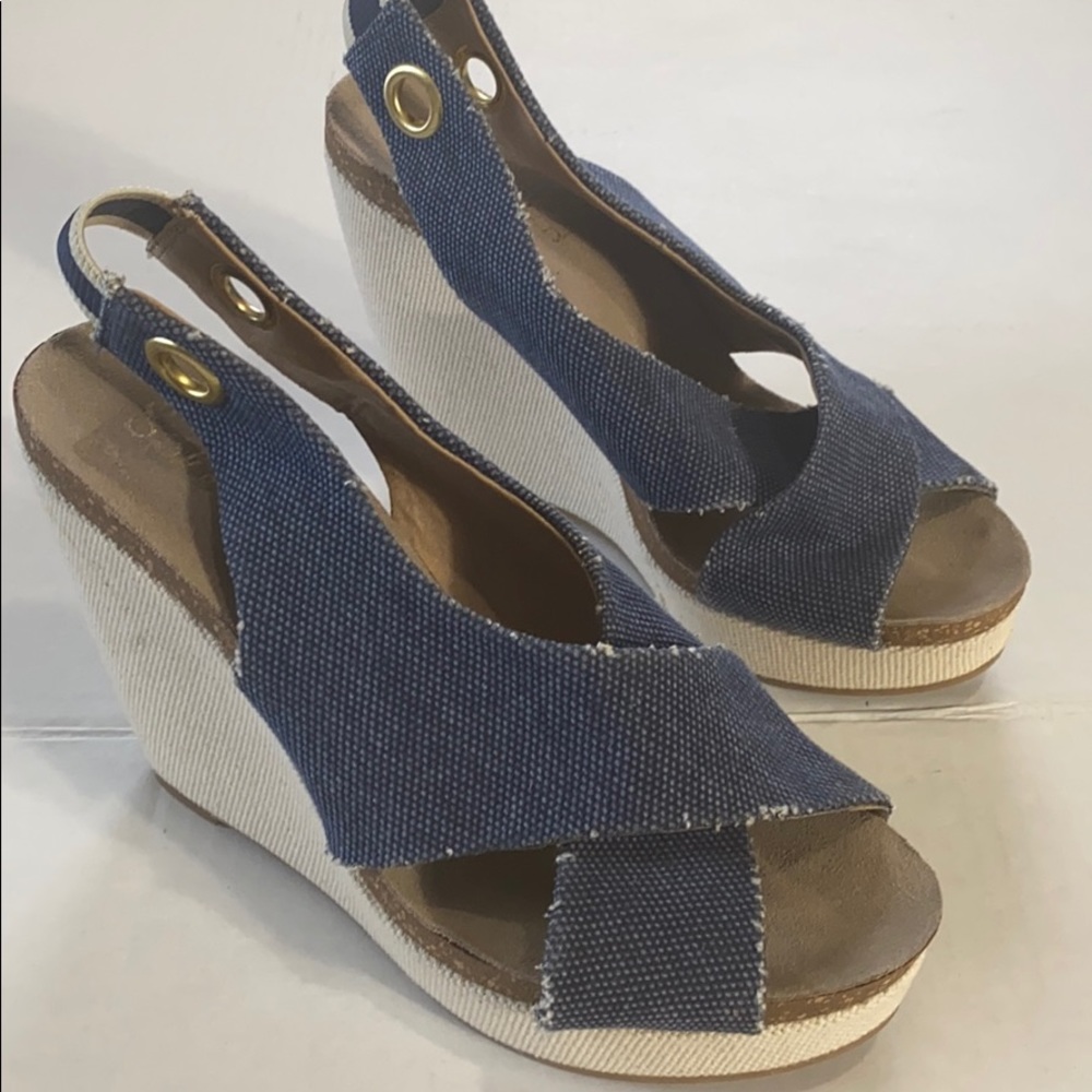SPLENDID DENIM PEEP-TOE WEDGES